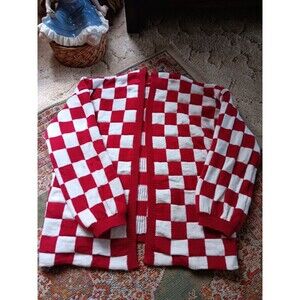 1980s Style Red White Checkered Open Front Cardigan Size L Soft Thick Fabric